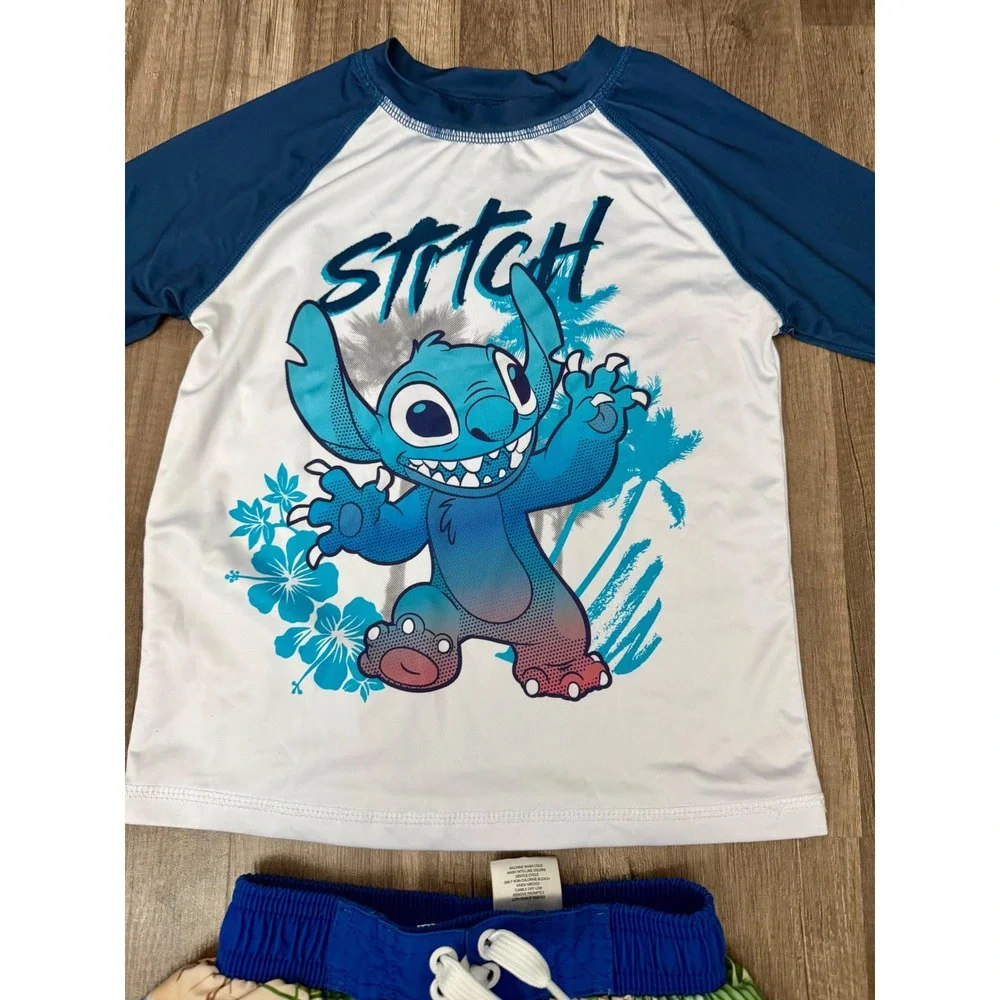 Disney Lilo & Stitch Kids Swim Set Rash Guard & Trunks Blue White Size 4/5